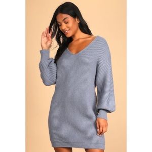 Lulus Cozy on the Mind Dusty Blue Ribbed Knit Sweater Mini Dress